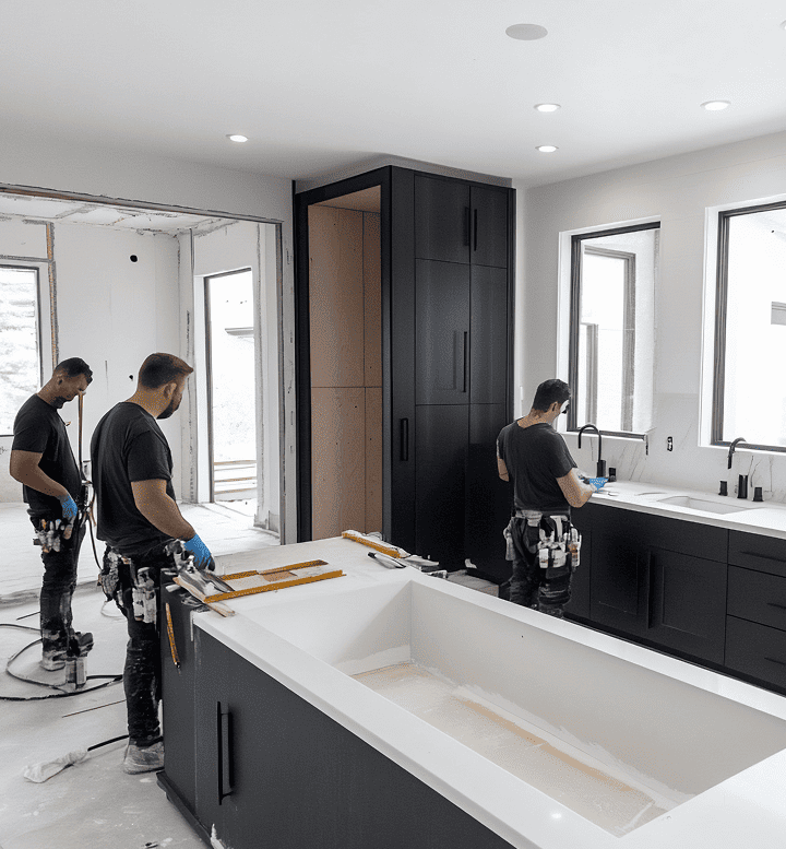 Three construction workers in black shirts install fixtures in a modern, unfinished bathroom with white walls, large windows, black cabinetry, and a central white bathtub—showcasing skills that also shine in kitchen remodeling projects.