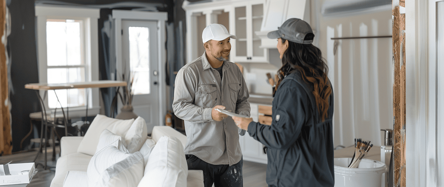 Two people wearing casual work clothes and caps stand in a partially renovated kitchen, smiling and holding paperwork. The room has unfinished walls, exposed beams, and construction tools, while white cabinets and a sofa are visible. Natural light enters from the windows.