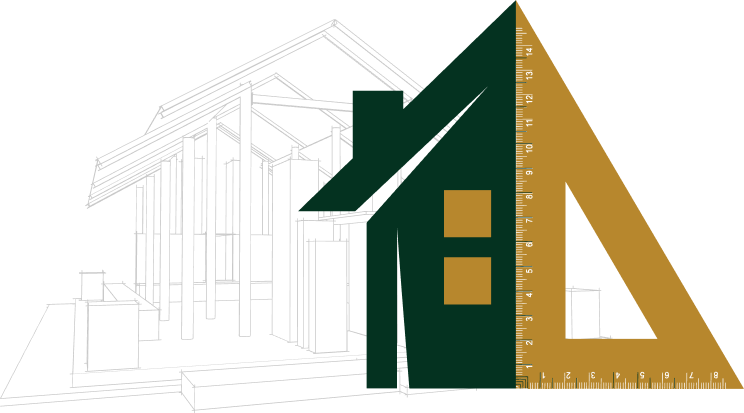 A dark green house icon overlaps a gold triangular ruler, symbolizing architecture. Both are superimposed on a light, unfinished architectural sketch of a building under construction in the background. The colors contrast sharply against the white backdrop.