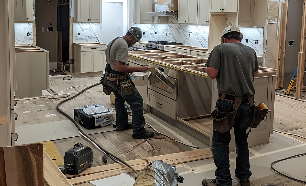 Two construction workers in hard hats measure a kitchen island frame with a tape measure amid a kitchen renovation. Exposed cabinets, tools, lumber, and construction materials are scattered throughout the unfinished, well-lit kitchen space.