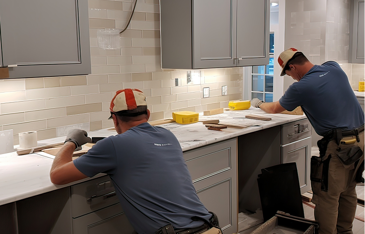 Two workers in blue shirts and beige pants install white rectangular tile backsplash in a modern kitchen. One stands, tiling above the counter, while the other crouches, measuring tile. Cabinets are gray, countertops are white, and tools are scattered on the counter.
