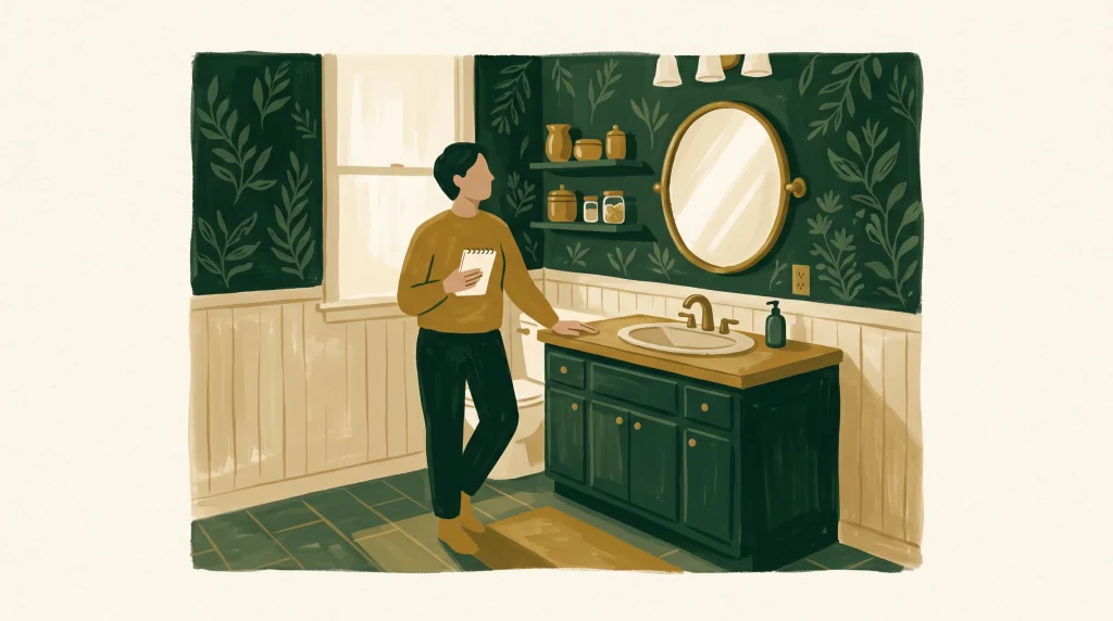 Homeowner with a notepad weighing a bathroom remodel in a green and gold bathroom