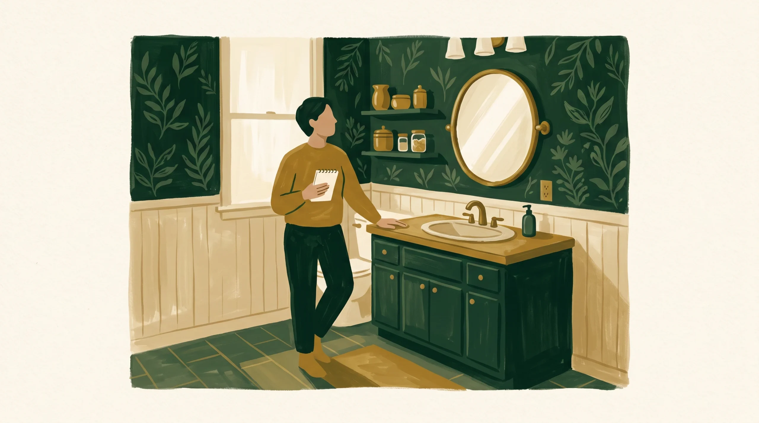 Homeowner with a notepad weighing a bathroom remodel in a green and gold bathroom