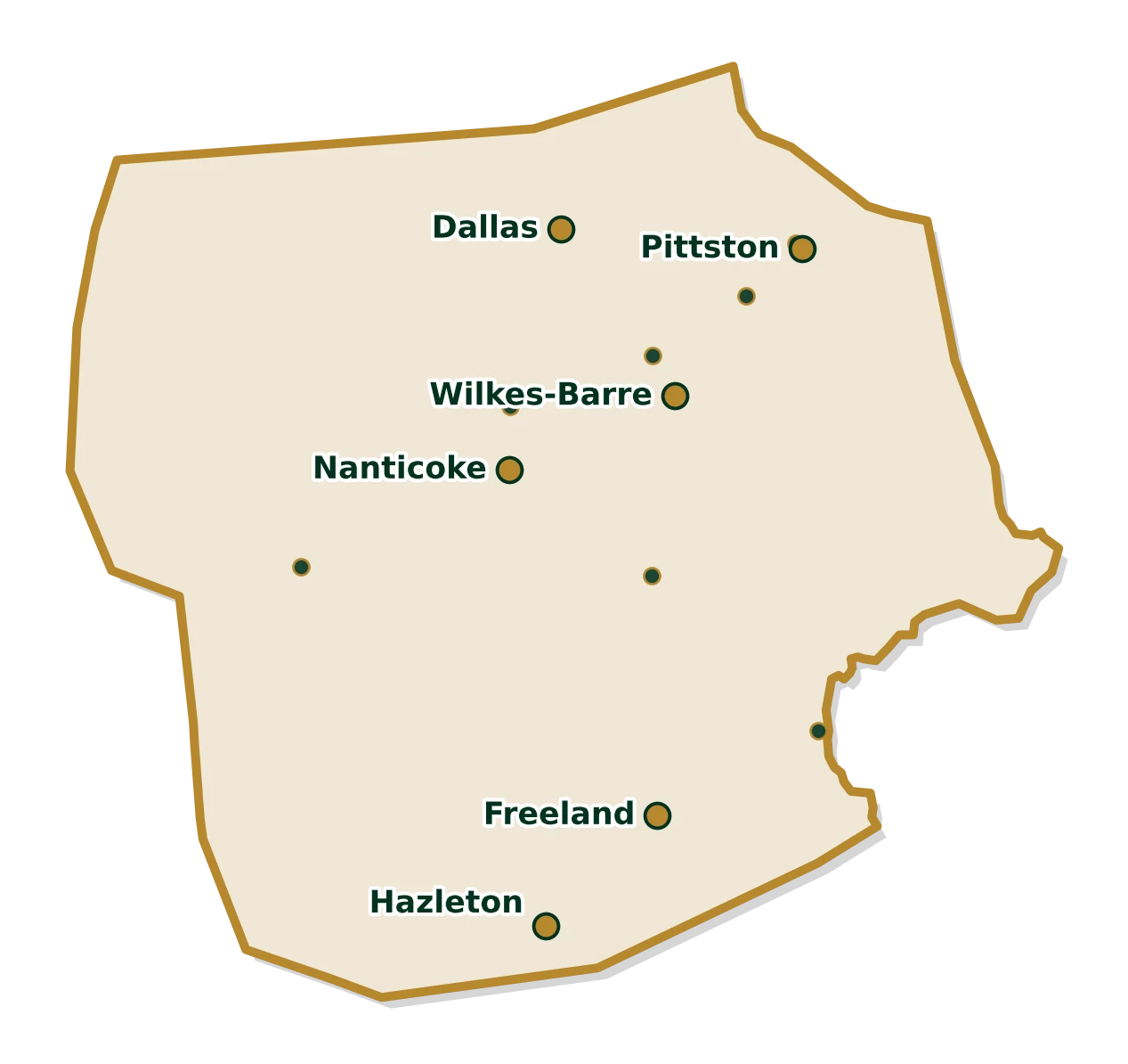 A simple map outline of a county, showing major towns marked by green dots and labeled: Dallas, Pittston, Nanticoke, Wilkes-Barre, Hazleton, and Freeland. The county border is outlined with a brown line. The map has a plain, light background.