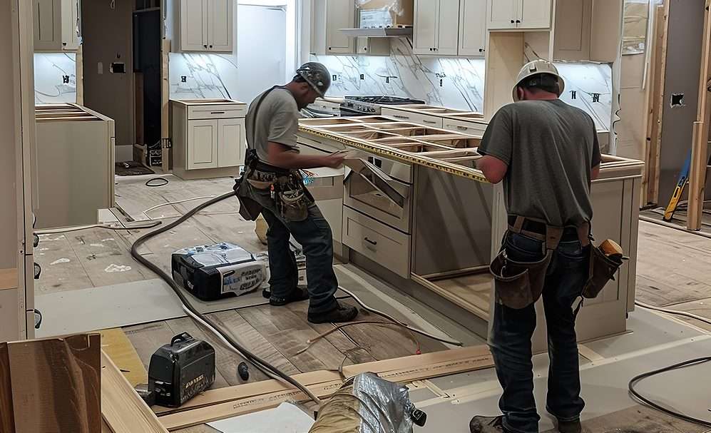 Two construction workers in hard hats measure wood for kitchen cabinets in a partially finished kitchen. Tools, wood, and construction materials are scattered on the floor. White cabinets are installed, and protective sheets cover some surfaces.