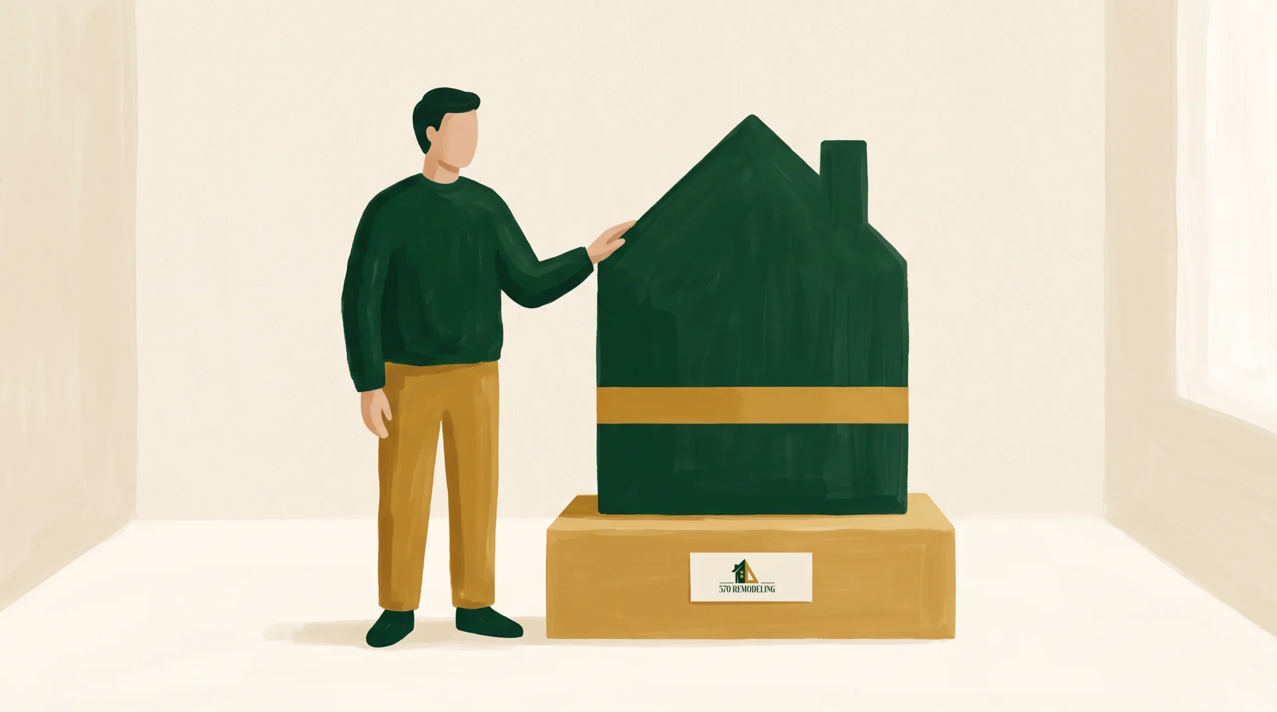 Illustration of a person standing beside a large, dark green house-shaped figure on a pedestal. The person touches the house. Both wear neutral tones. A small sign with a logo is on the pedestal. The background is light and minimalistic.