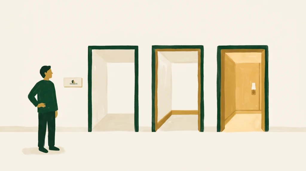 A person stands before three open doorways. The first doorway is empty, the second has light brown walls, and the third glows with warm yellow light. A small sign is mounted on the wall next to the person.