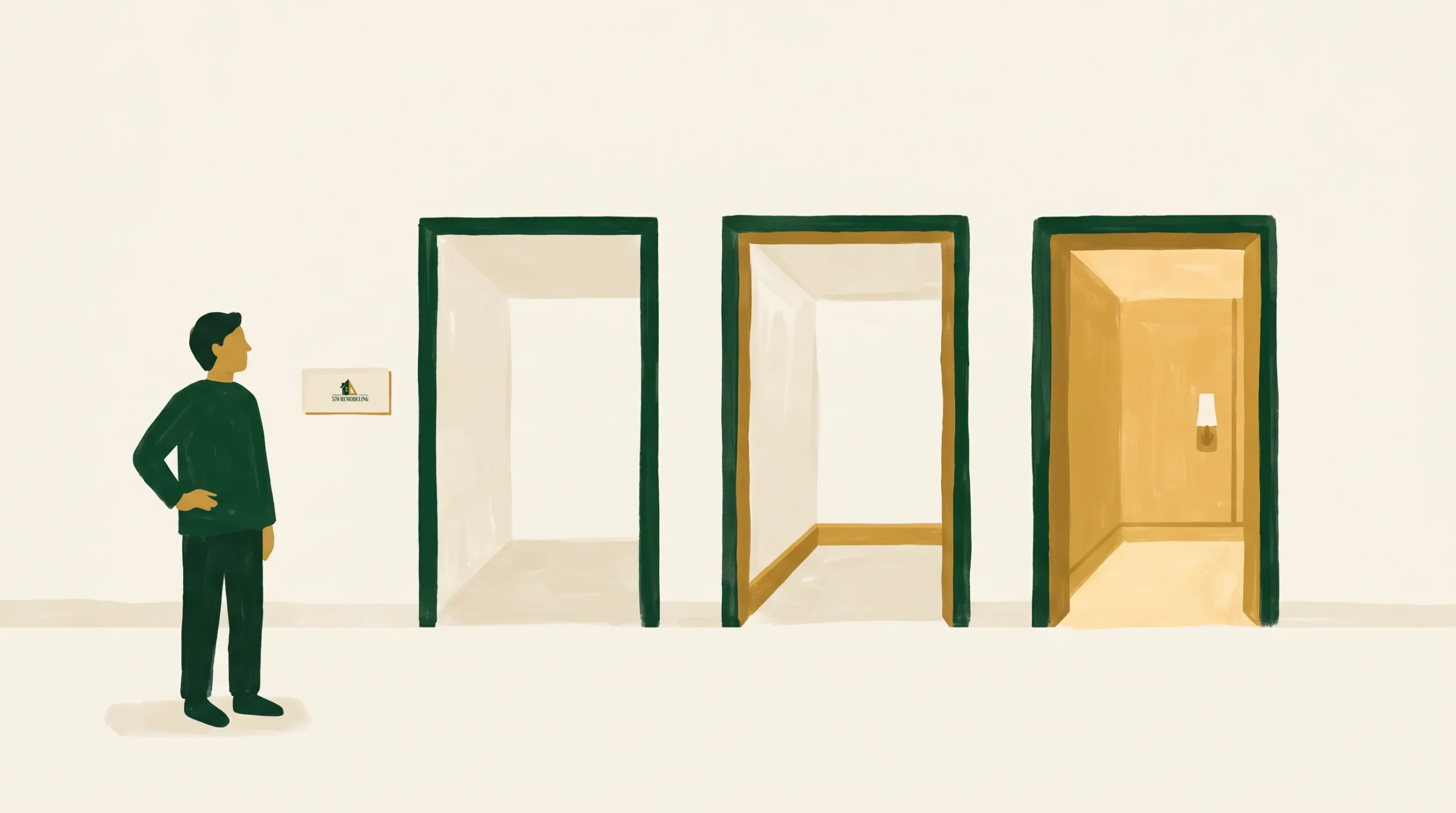 A person stands before three open doorways. The first doorway is empty, the second has light brown walls, and the third glows with warm yellow light. A small sign is mounted on the wall next to the person.
