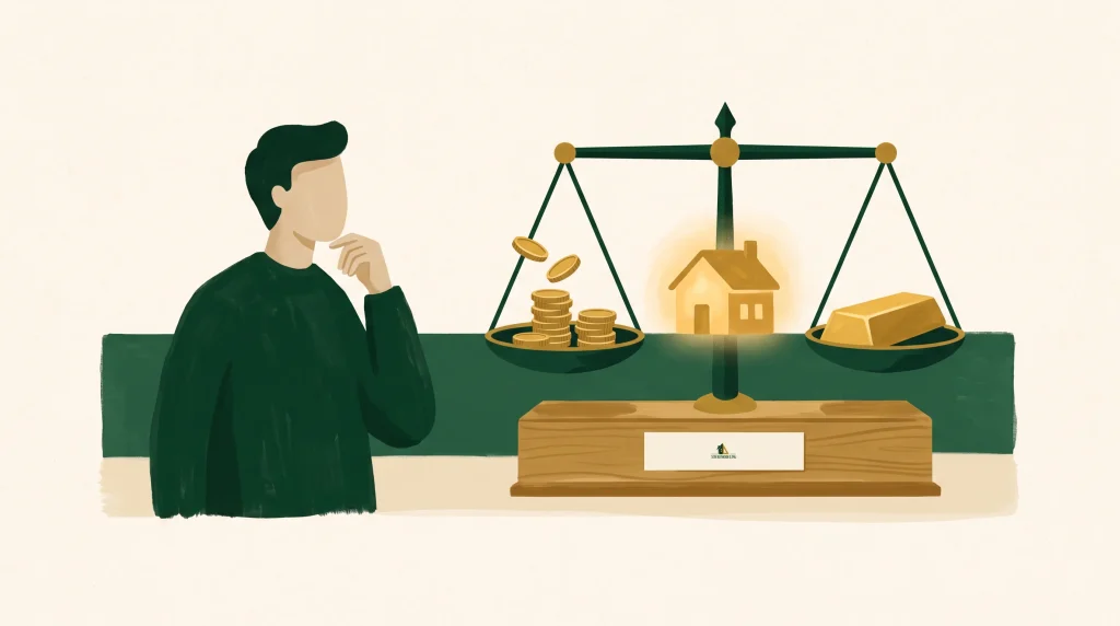 A faceless person ponders beside balanced scales. One scale holds coins, the other holds a glowing house and a gold bar. The scene symbolizes weighing financial decisions, possibly about investing in property or gold versus cash savings.