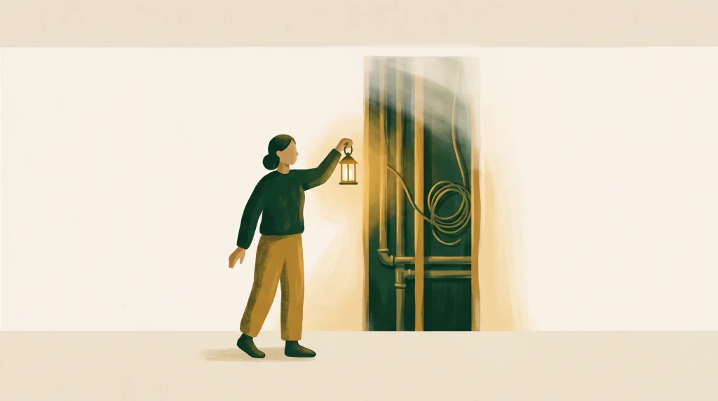 An illustrated person holds a lantern, lighting up a partially open dark door. Warm yellow light streams from inside, illuminating pipes and a coiled hose on the wall. The person wears brown pants and a dark sweater, and stands on a plain, light background.