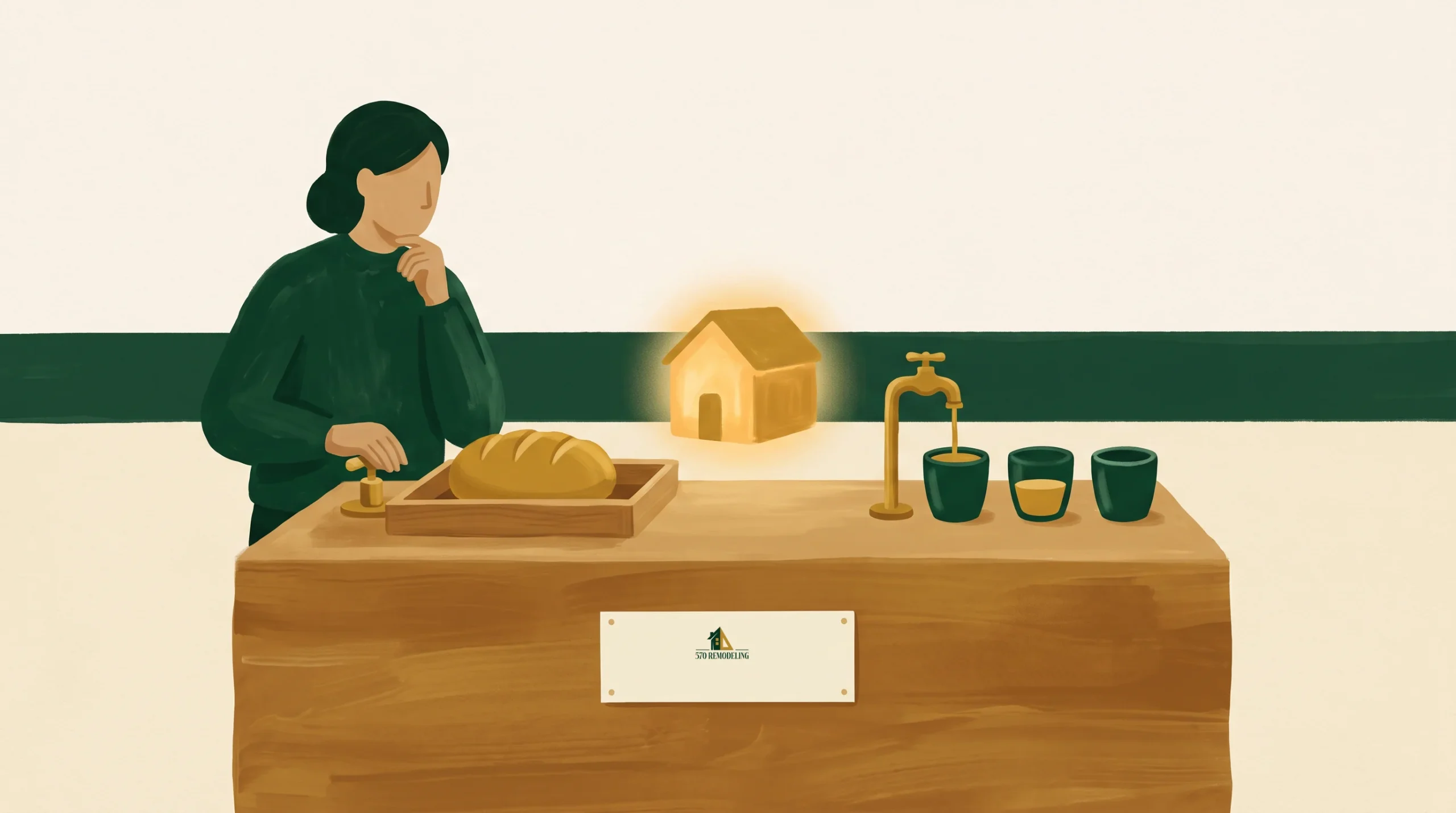A person ponders behind a wooden counter with a loaf of bread, a glowing house model, a faucet, three cups, and a sign showing a small bird. The scene is minimalistic with soft, muted colors and simple shapes.