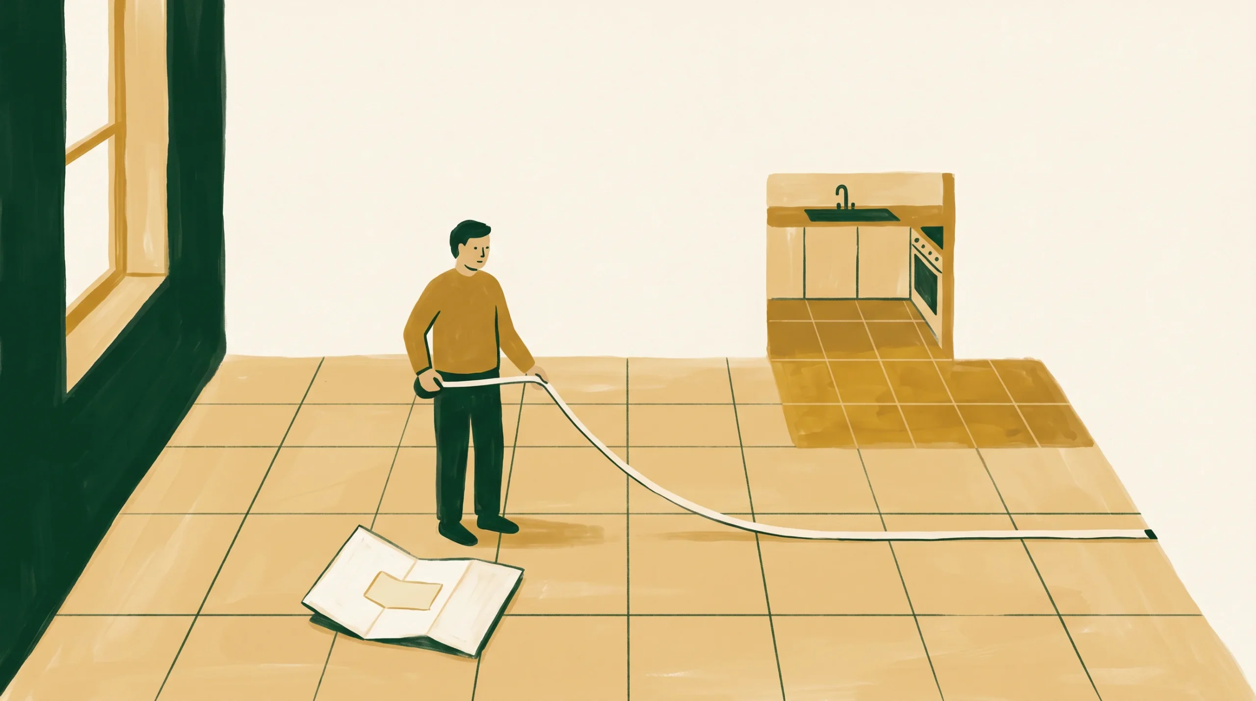 An illustrated person stands on tiled flooring, holding a tape measure extended toward a kitchen area with a sink and oven. An open floor plan or blueprint lies on the floor near their feet. The scene uses muted beige, brown, and green tones.
