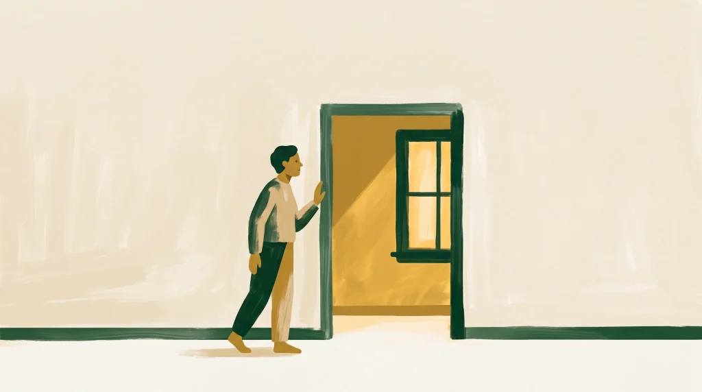 An illustration of a person walking toward an open door, which reveals a warmly lit room with a window letting in sunlight. The surrounding walls are plain and light-colored, giving the scene a calm and inviting atmosphere.
