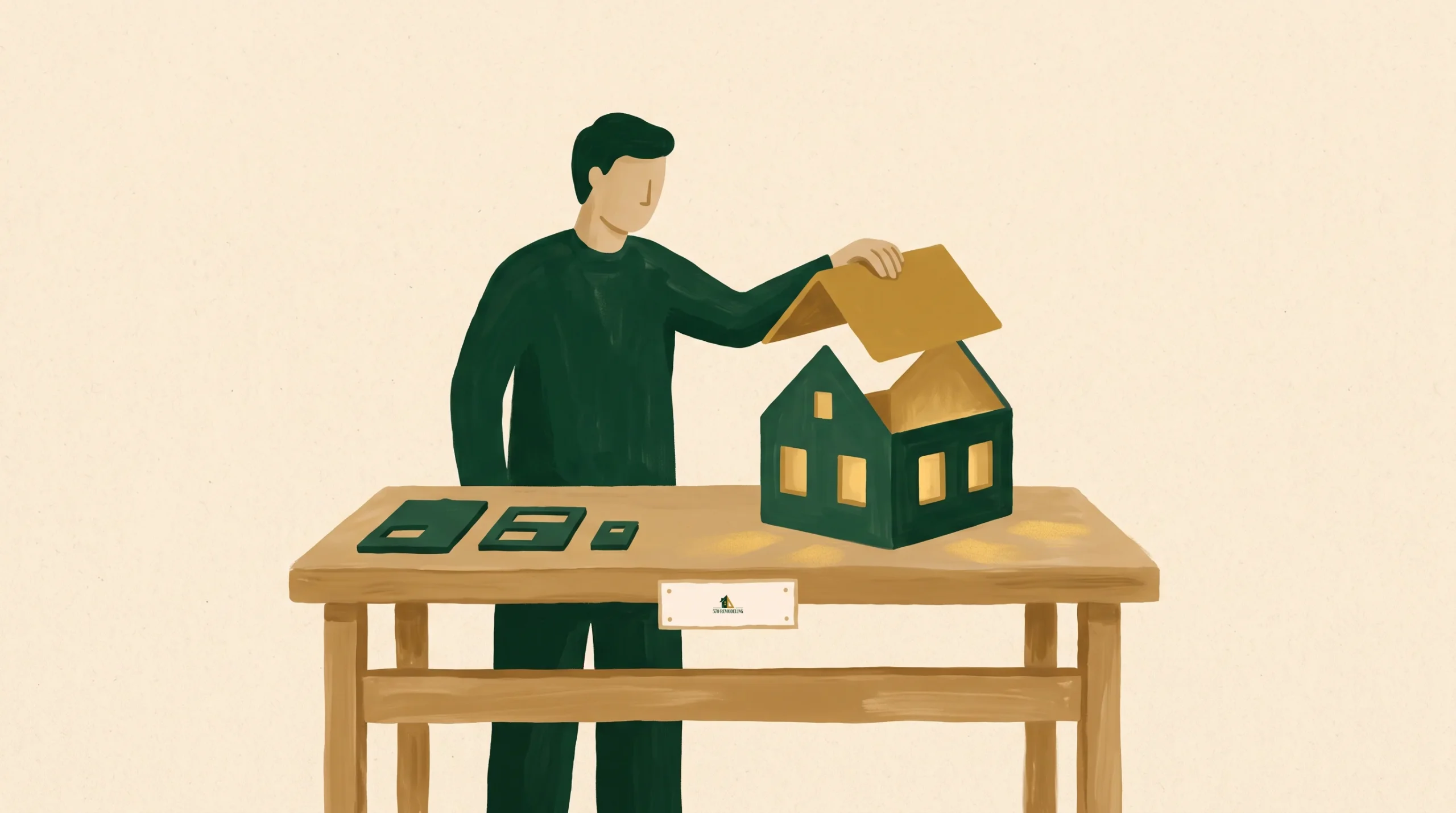 An illustrated person stands at a table, lifting the roof off a model house with lit windows. On the table are three flat rectangular objects. The scene has a beige background and uses muted green and brown tones.