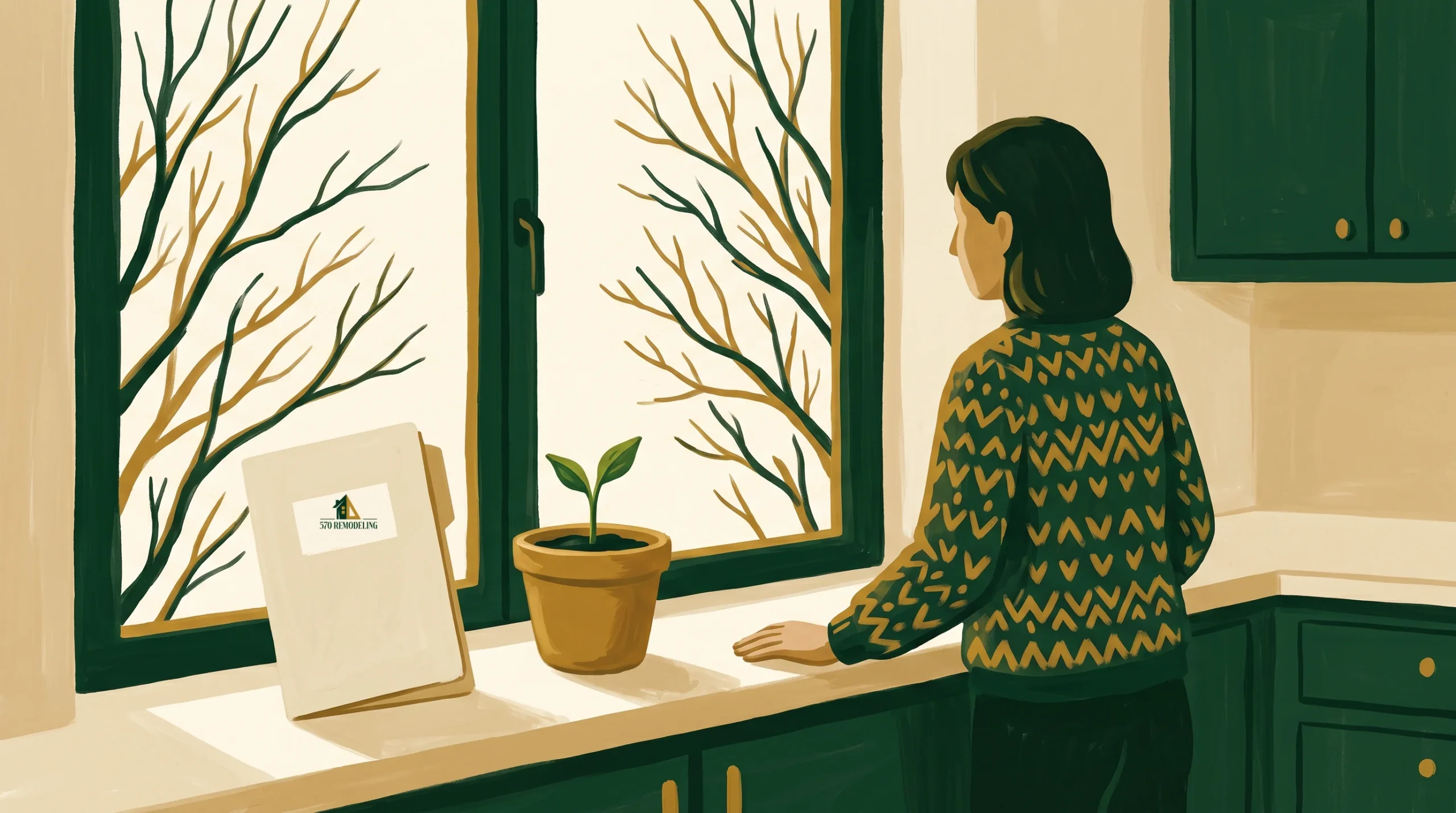 A woman in a patterned sweater stands at a kitchen counter, gazing out a window with bare tree branches outside. A small potted plant and a folder labeled “Insurance” rest on the counter, highlighting a hopeful scene.