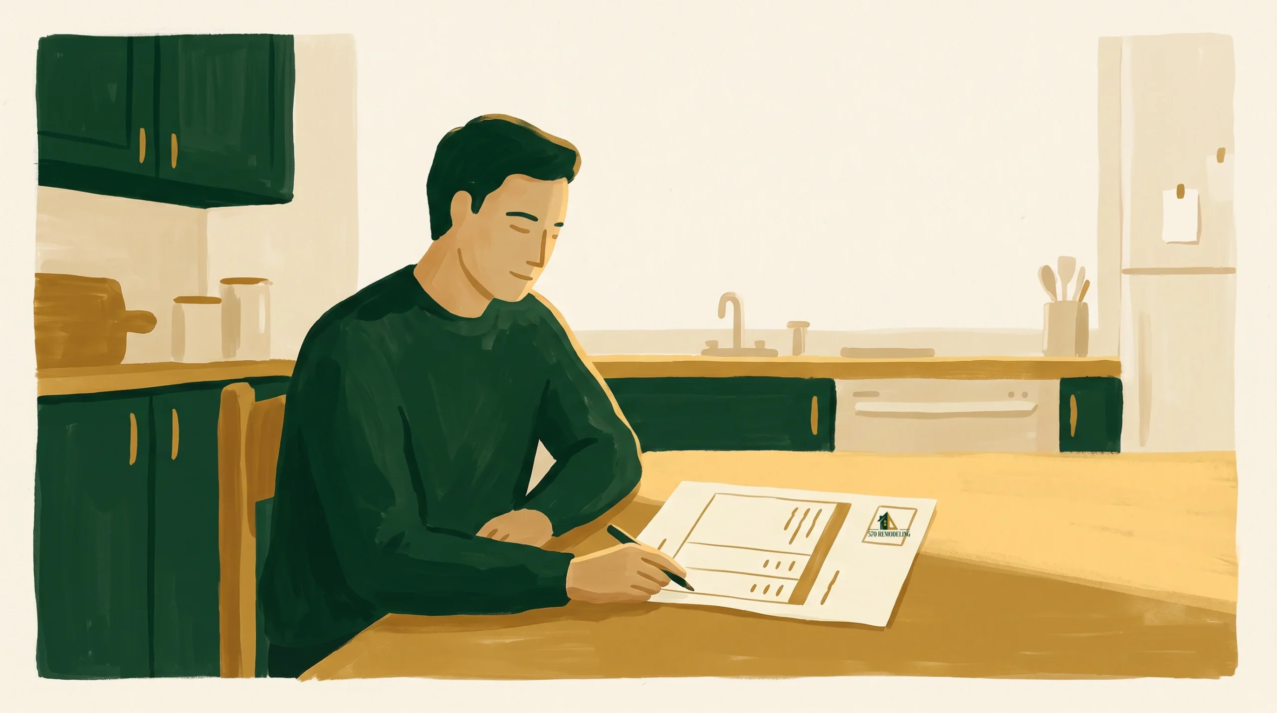 A person with short dark hair sits at a kitchen table, filling out a paper form with a pen. The kitchen has dark green cabinets, a sink, and various kitchen items in the background. The scene is softly lit and calmly colored.