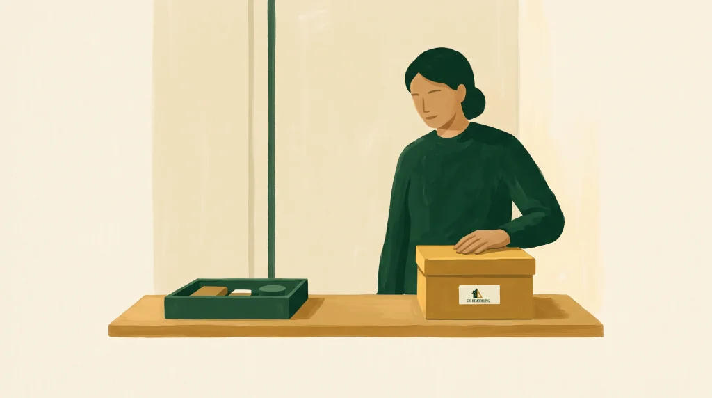 An illustrated person with dark hair in a bun stands at a counter. They wear a dark green sweater and place one hand on a yellow ballot box with a sticker on it; a green tray with two papers is on the counter. Light, neutral background.