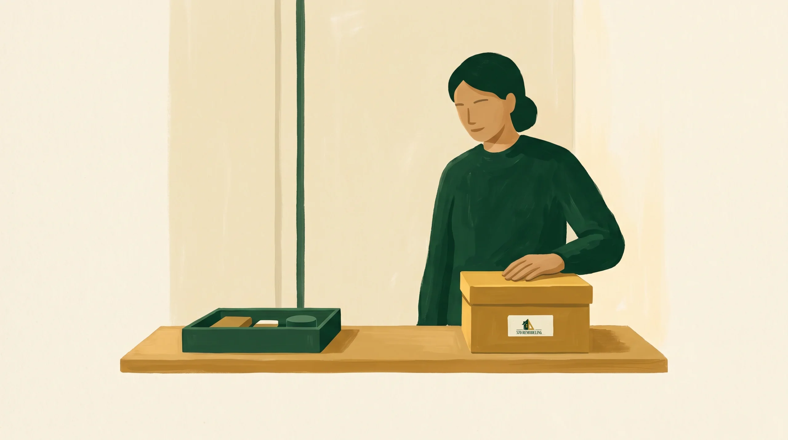 An illustrated person with dark hair in a bun stands at a counter. They wear a dark green sweater and place one hand on a yellow ballot box with a sticker on it; a green tray with two papers is on the counter. Light, neutral background.