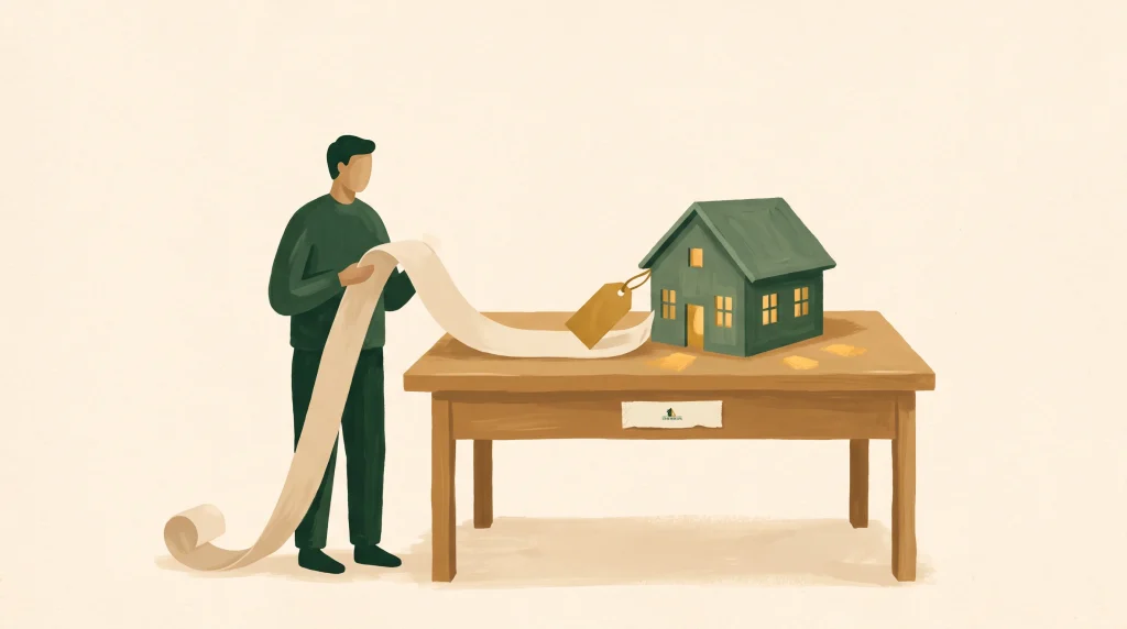 Illustration of a person holding a long receipt beside a wooden table. On the table is a small green house model with lights on and a price tag attached, surrounded by scattered gold coins. Background is plain and light-colored.