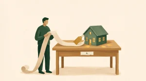 Illustration of a person holding a long receipt beside a wooden table. On the table is a small green house model with lights on and a price tag attached, surrounded by scattered gold coins. Background is plain and light-colored.