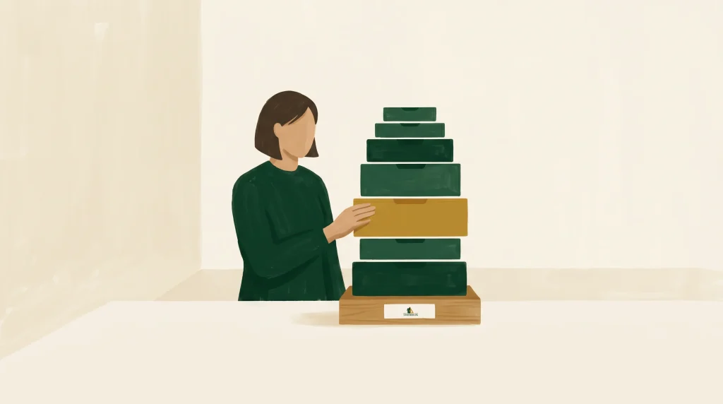 An illustrated person with brown hair, wearing a green sweater, sits at a white table. They pull open a brown drawer from the middle of a tall stack of green drawers set on a wooden base, against a minimalist beige background.