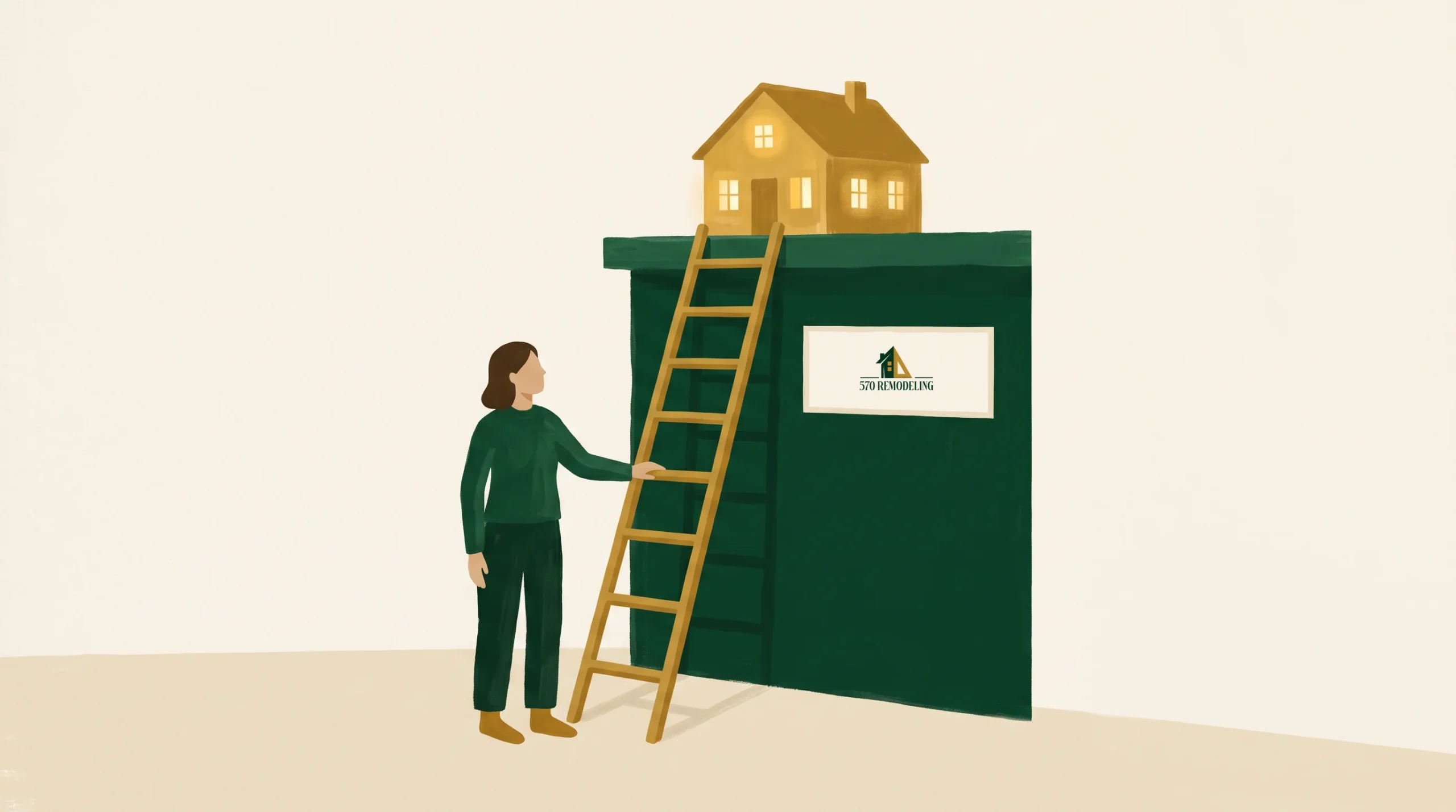 Illustration of a homeowner in green clothing standing at the base of a tall green ledge, one hand on a gold ladder that leans up to a small house glowing gold on top of the ledge. A logo sign for 570 Remodeling is mounted on the ledge face.