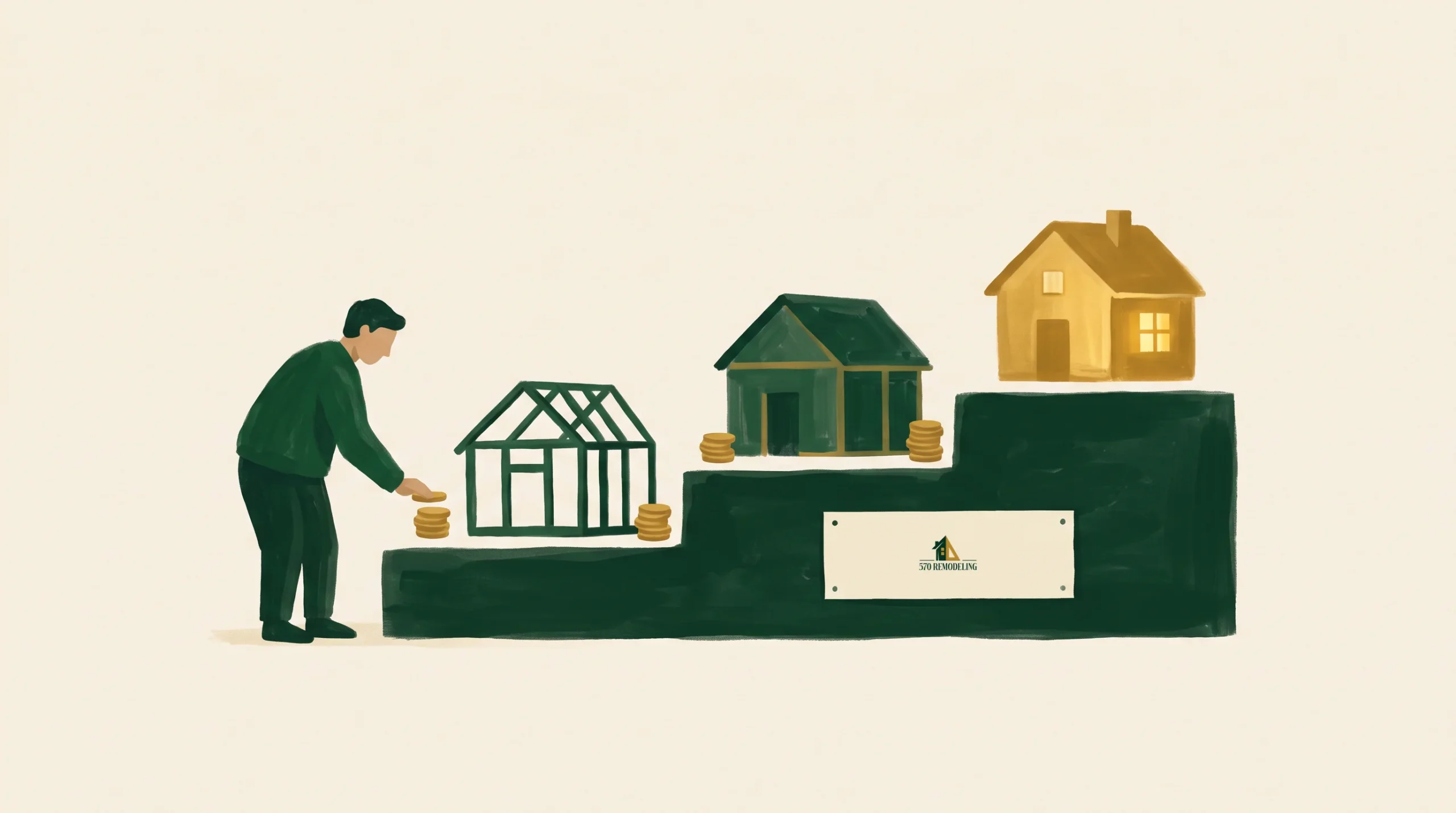 Illustration of a homeowner in green clothing placing a stack of gold coins on the first of several rising green steps. Each higher step shows the same house further along in construction, from a bare frame to a finished home glowing gold with a lit window. A small logo sign for 570 Remodeling sits on one of the upper steps.