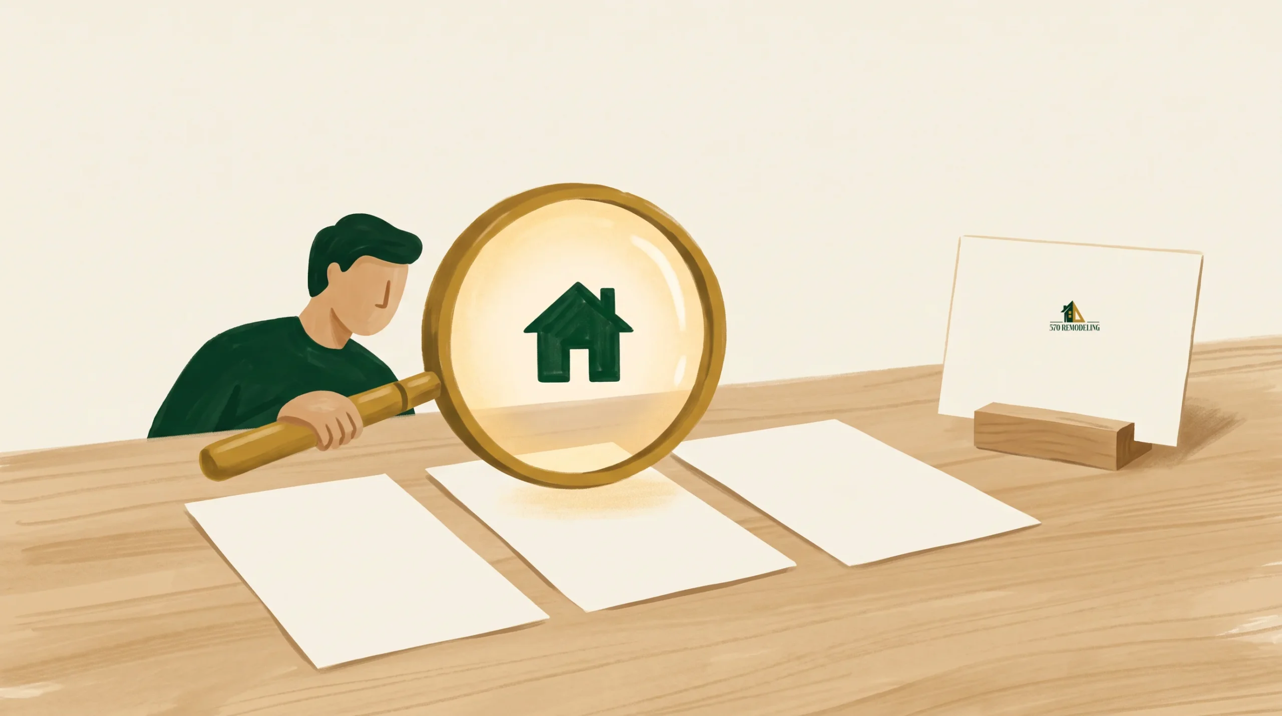 An illustrated person examines blank sheets on a desk with a large magnifying glass, revealing a green house icon. A small easel with a similar house logo stands on the right. The background and desk are light brown and beige.