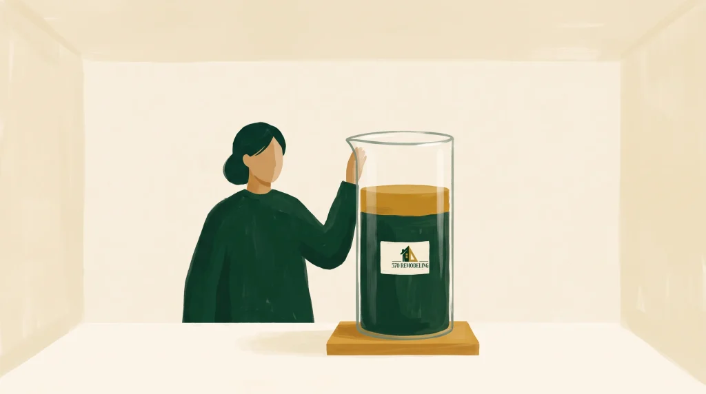 A person with short dark hair and a dark shirt stands beside a large beaker filled with dark liquid topped by a brown layer. The beaker sits on a wooden base and has a sticker labeled "STEWART INC." The background is a plain, light beige color.