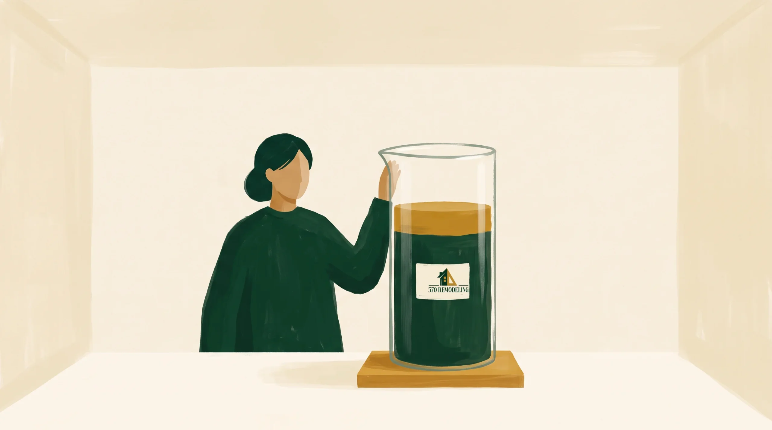 A person with short dark hair and a dark shirt stands beside a large beaker filled with dark liquid topped by a brown layer. The beaker sits on a wooden base and has a sticker labeled "STEWART INC." The background is a plain, light beige color.