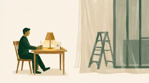 Gouache illustration of a homeowner having coffee at a small lamplit wood table with a 570 Remodeling card on it, while a ladder and stud wall wait dimly behind a hanging translucent dust sheet.