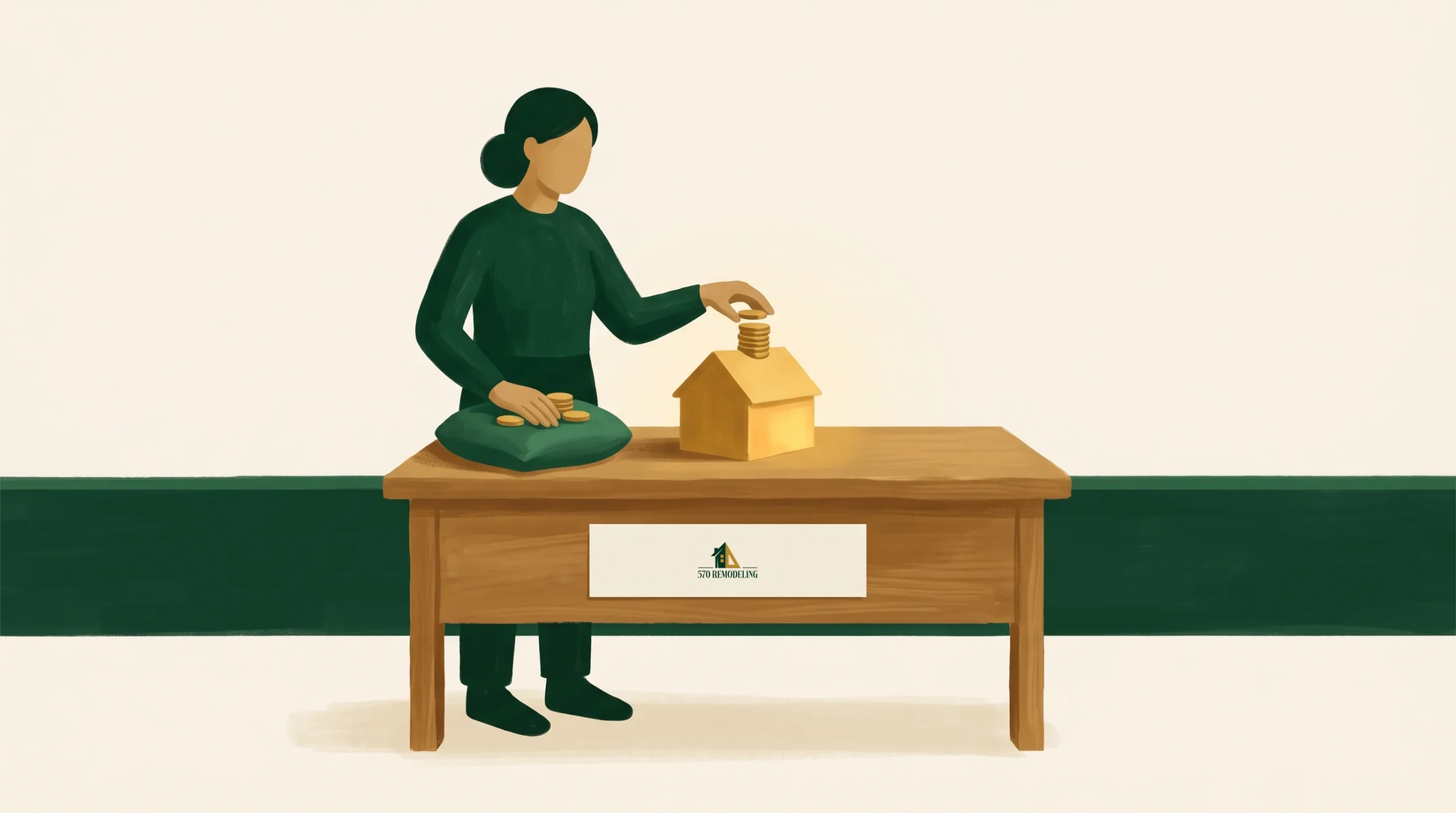 Illustration of a person in dark green clothing sitting at a wooden table. They are dropping coins into a yellow house-shaped piggy bank and holding a stack of coins. The table has a small house logo on the front. The background is simple and cream-colored.