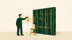 Gouache illustration of a homeowner in green holding a small gold lantern up to an open green stud wall filled with glowing gold pipes and wires, with a 570 Remodeling card on a wooden stool beside it.