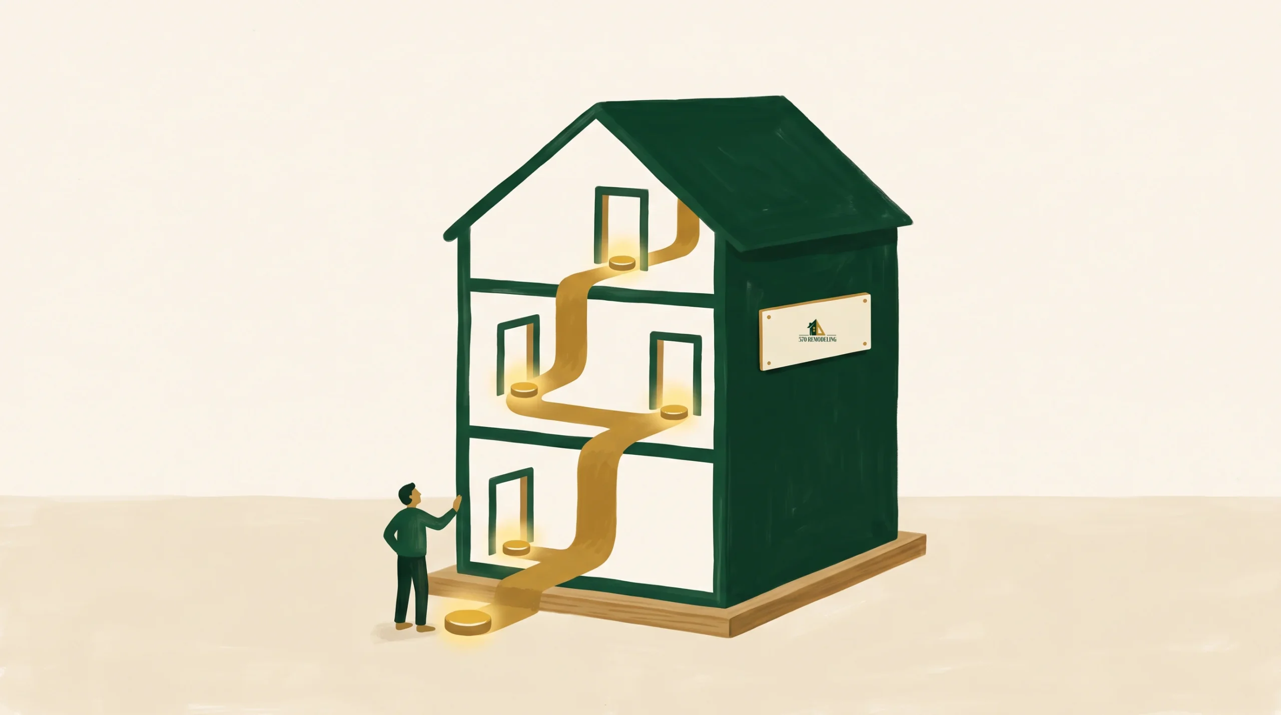 Illustration of a person standing by a dark green, three-story house. Golden paths connect doors from each floor to the ground. A white sign with a green and yellow logo is on the house. The background is light beige.