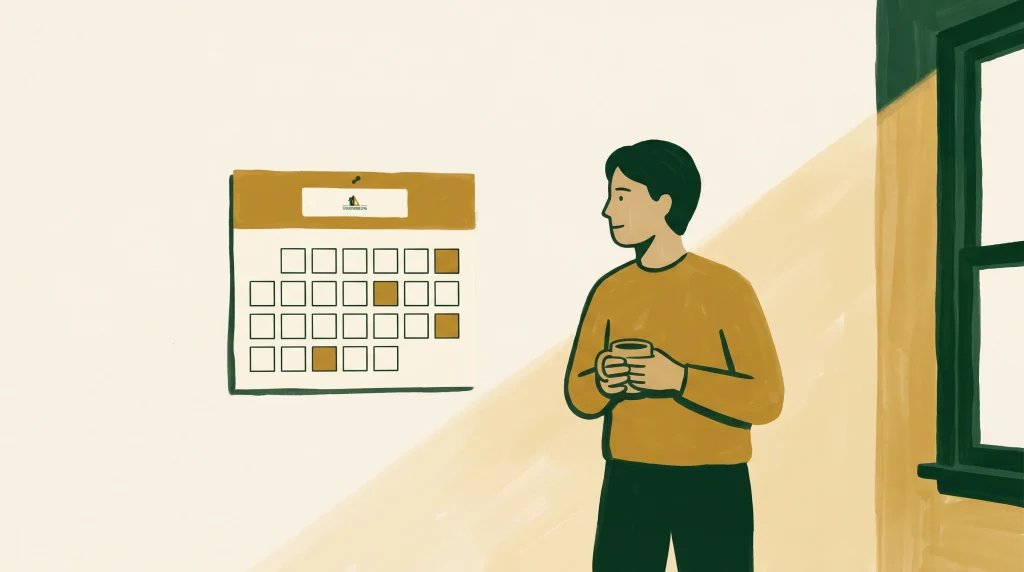 An illustrated person holding a mug stands indoors, looking at a wall calendar with several dates marked in brown squares. The background and the person’s sweater are brown and cream, giving a warm tone. A window with green trim is visible on the right.