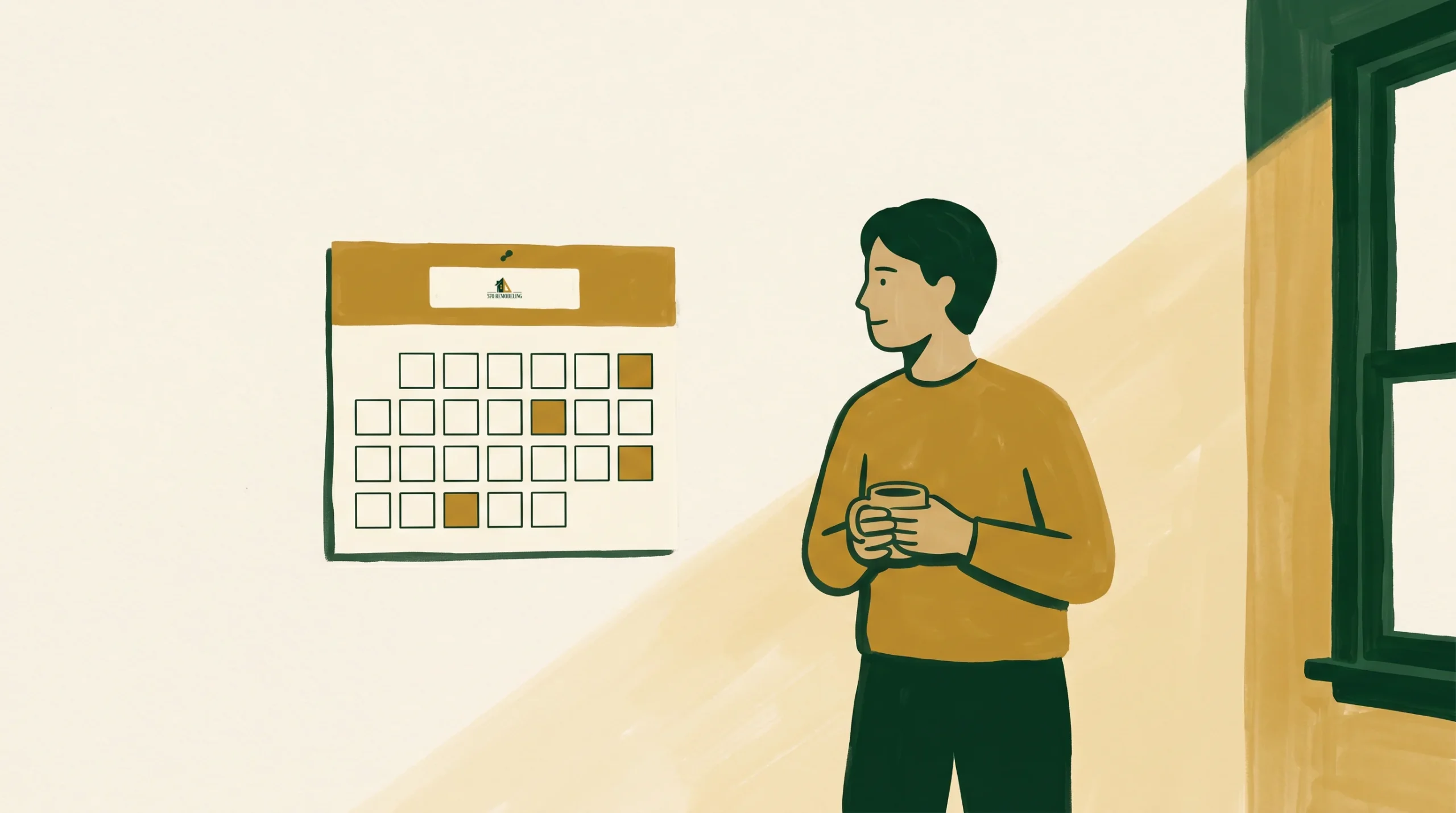 An illustrated person holding a mug stands indoors, looking at a wall calendar with several dates marked in brown squares. The background and the person’s sweater are brown and cream, giving a warm tone. A window with green trim is visible on the right.