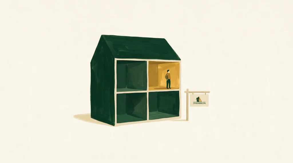 A small figure stands alone in a yellow-lit upper room of a dark green, cube-sectioned house model. A “For Rent” sign with a house icon hangs outside. The background is plain, emphasizing isolation within the house.