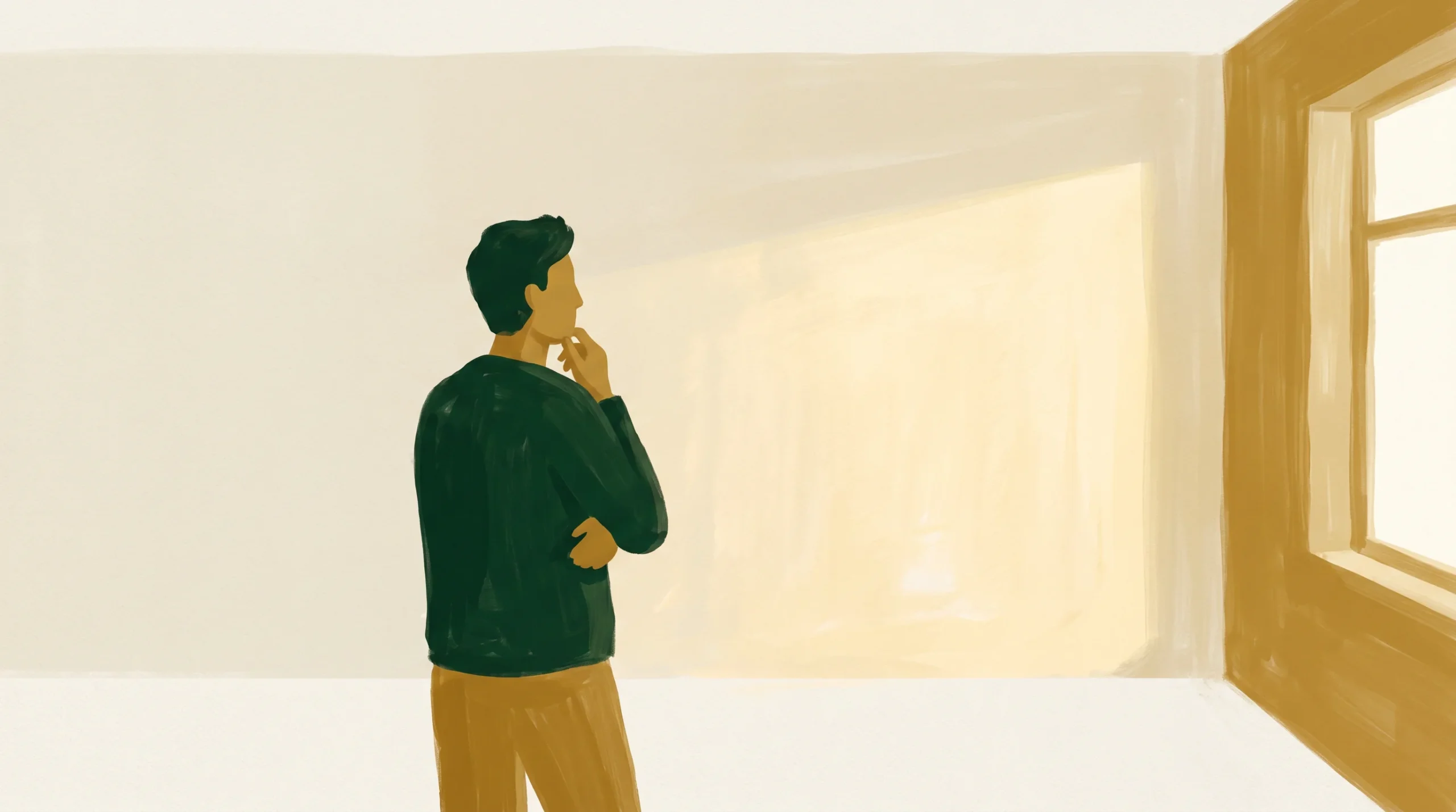 An illustration of a person with short dark hair, wearing a green jacket and brown pants, stands indoors with one hand on their chin, thoughtfully looking at a blank sunlit wall next to a window with light streaming through.