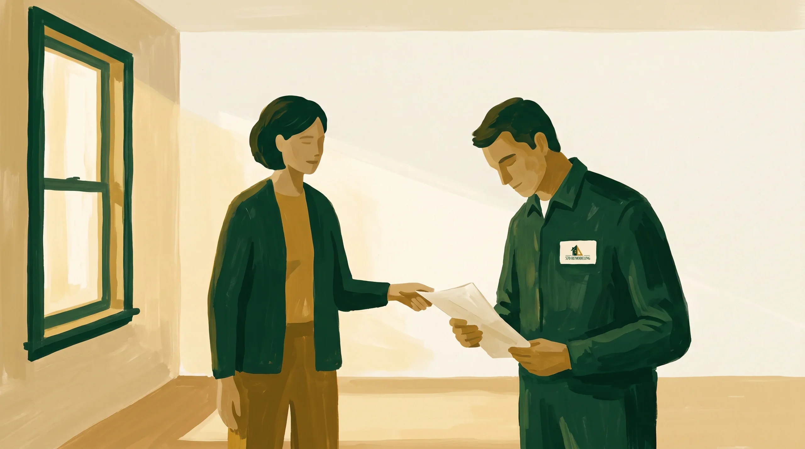 A woman hands a paper to a man wearing a dark uniform with a name badge. They stand in a sunlit, empty room with light-colored walls and a window. The man looks down at the paper, while the woman extends her arm toward him.