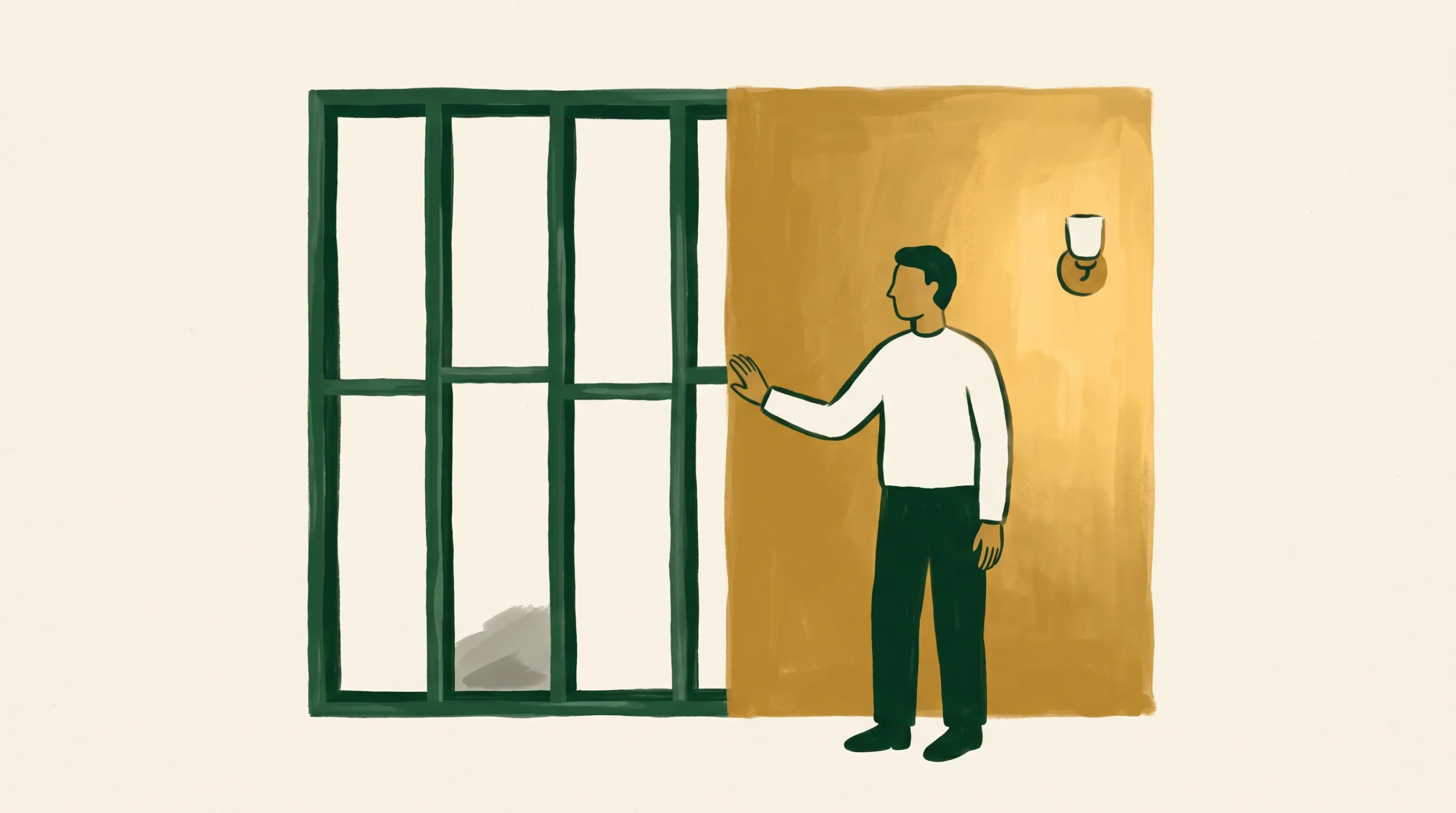 An illustration of a person opening a large window. The person wears a white shirt and dark pants, and stands next to a yellow wall with a light fixture. Sunlight shines softly through the window, casting subtle shadows on the floor.