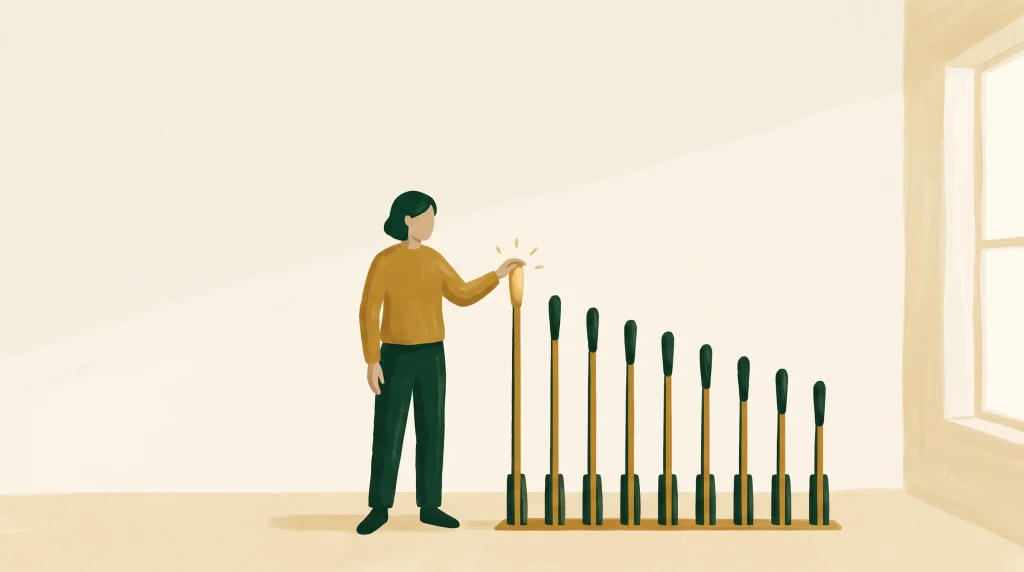 Illustration of a person in a brown shirt and dark pants touching the tallest of nine upright dominoes. The dominoes gradually increase in size toward the right. The scene is indoors, next to a window with sunlight streaming in.