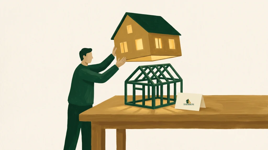 An illustrated person lifts a house onto a green house frame on a wooden table. Next to the structure is a white card with a small house logo and text. The background is plain and light-colored. The scene suggests home building or assembly.