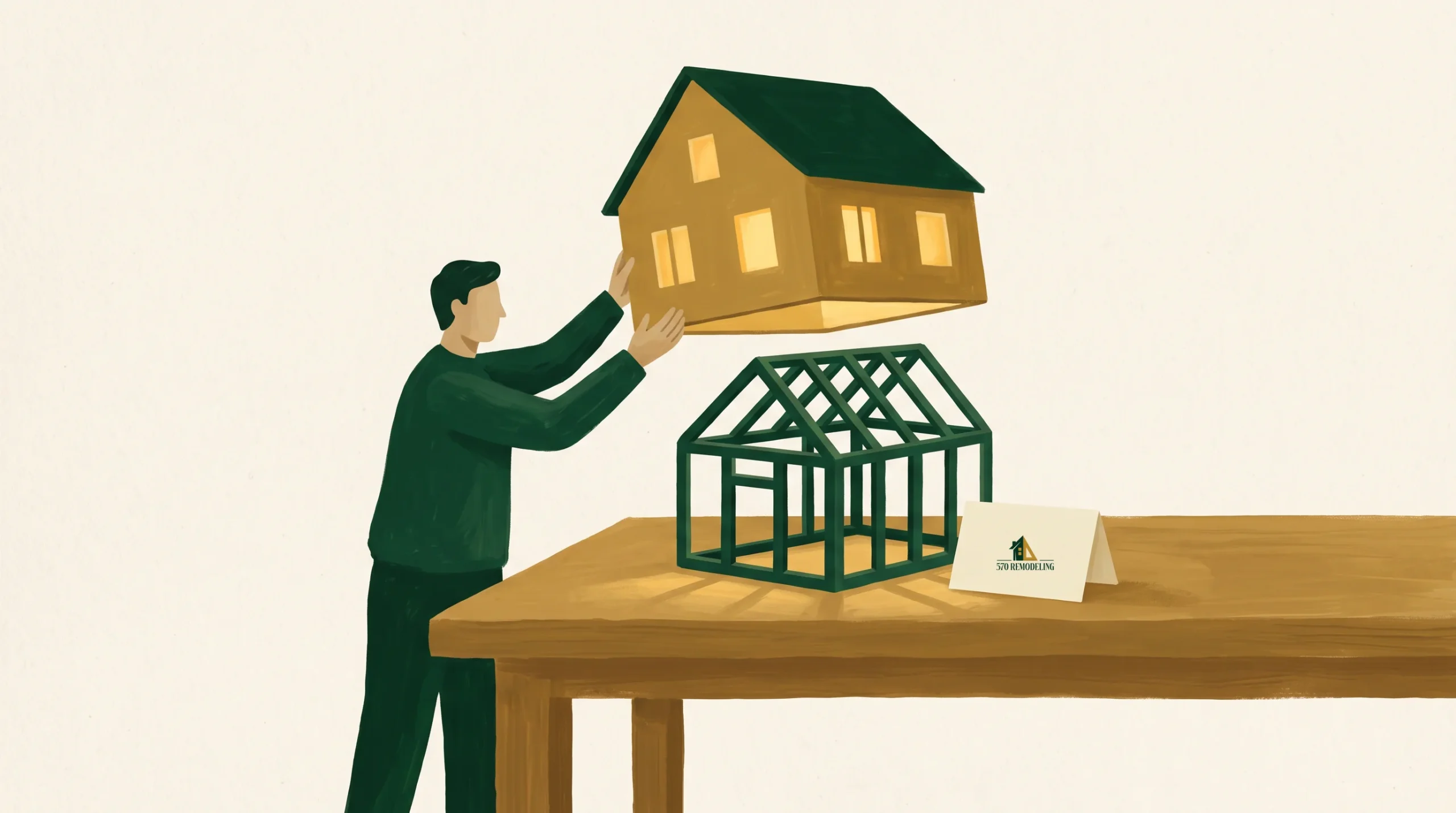 An illustrated person lifts a house onto a green house frame on a wooden table. Next to the structure is a white card with a small house logo and text. The background is plain and light-colored. The scene suggests home building or assembly.