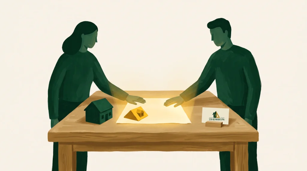 Two people stand at a wooden table, examining a glowing yellow document. On the table are a small house model on the left and a "Steuerberatung" (tax consulting) sign on the right. Both figures are green-toned and facing each other.