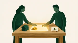 Two people stand at a wooden table, examining a glowing yellow document. On the table are a small house model on the left and a "Steuerberatung" (tax consulting) sign on the right. Both figures are green-toned and facing each other.