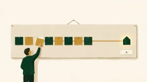 A person places a yellow card on a board with seven cards—three yellow, four green—arranged in a row. The cards form a path ending at a green house icon on the right. The board hangs on a pale wall. The scene has a soft, painted style.
