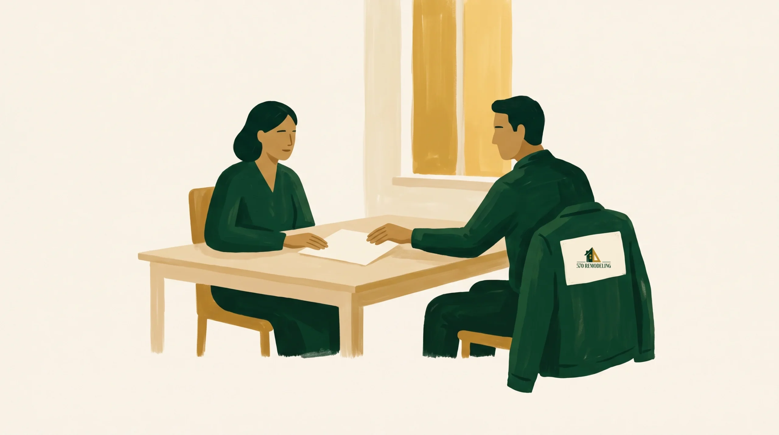 Gouache illustration of a homeowner and a contractor seated across a wooden kitchen table, the contractor sliding a single sheet of paper toward her. His green work jacket hangs on his chair with the 570 Remodeling logo on the back, and a tall window glows behind them.