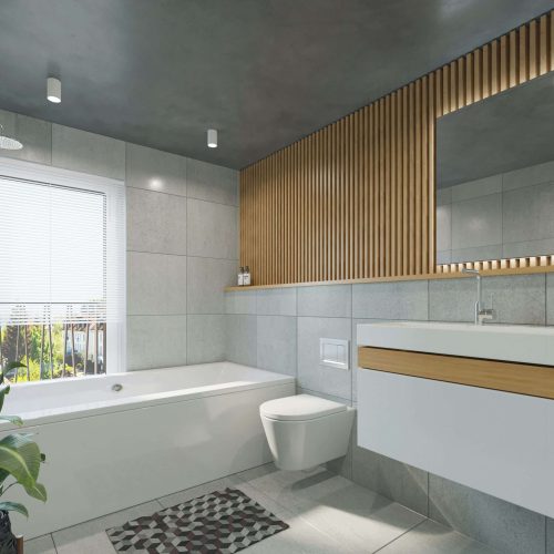 Modern bathroom with a bathtub, wall-mounted toilet, rectangular sink with storage, large mirror, vertical wooden slats on one wall, a window with blinds, a showerhead, and a green potted plant by the tub.