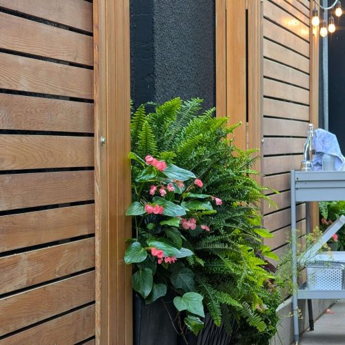 A planter with green ferns and pink flowers is placed against a wooden slat wall. Nearby, string lights hang above and a gray cart with bottles and glasses stands on a concrete patio.